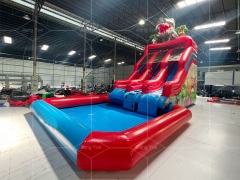 Dinosaur Inflatable Slide Customized Double lane Water Slide with Pool